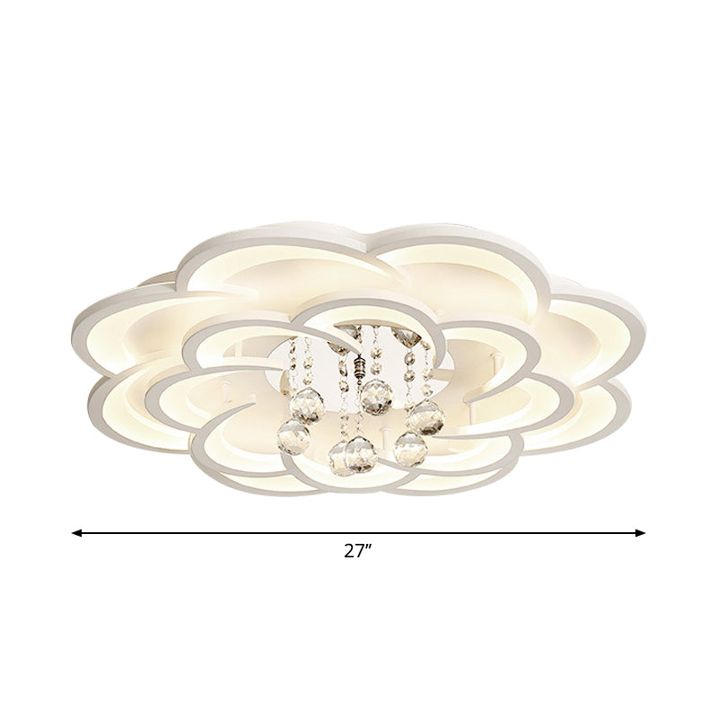 Modern Floral Girls Bedroom LED Flush Ceiling Light with Crystal Ball Drop, in White - 20.5"/31.5"/47" Width