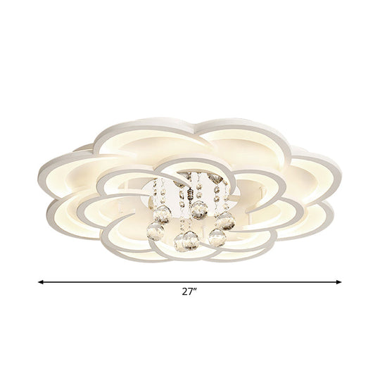 Modern Floral Girls Bedroom LED Flush Ceiling Light with Crystal Ball Drop, in White - 20.5"/31.5"/47" Width