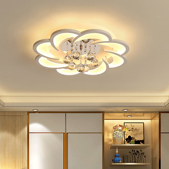 Modern Floral Girls Bedroom Led Flush Ceiling Light With Crystal Ball Drop In White - 20.5/31.5/47