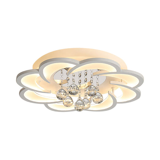 Modern Floral Girls Bedroom LED Flush Ceiling Light with Crystal Ball Drop, in White - 20.5"/31.5"/47" Width