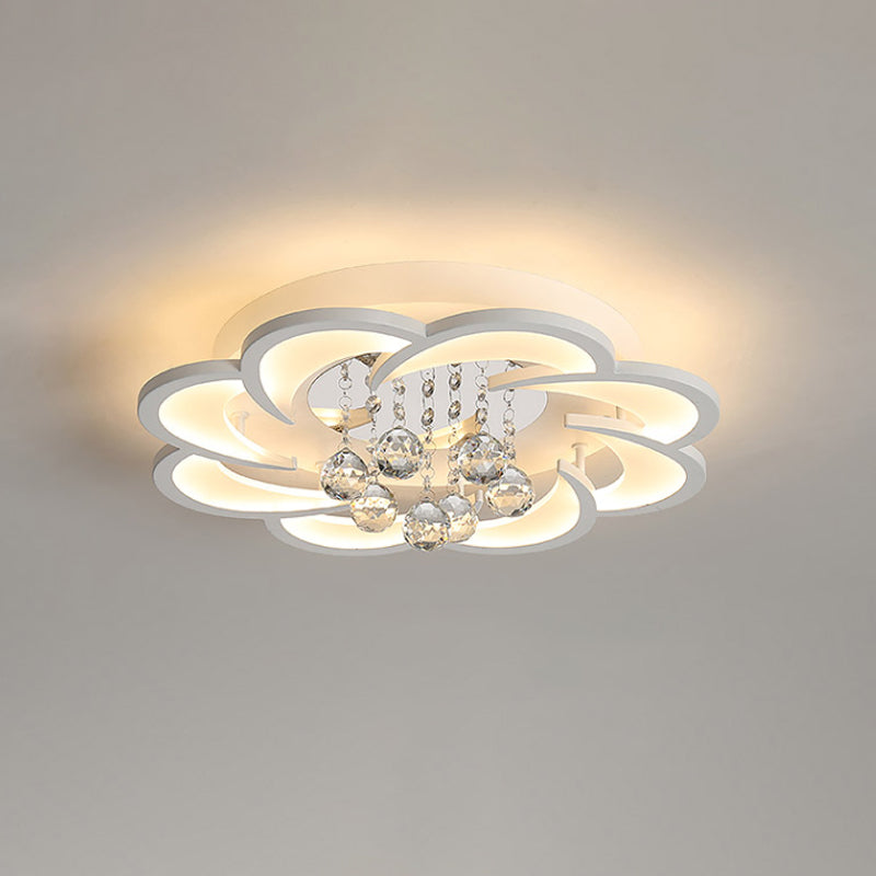 Modern Floral Girls Bedroom LED Flush Ceiling Light with Crystal Ball Drop, in White - 20.5"/31.5"/47" Width