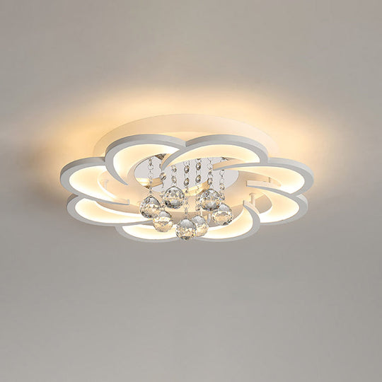 Modern Floral Girls Bedroom Led Flush Ceiling Light With Crystal Ball Drop In White - 20.5/31.5/47