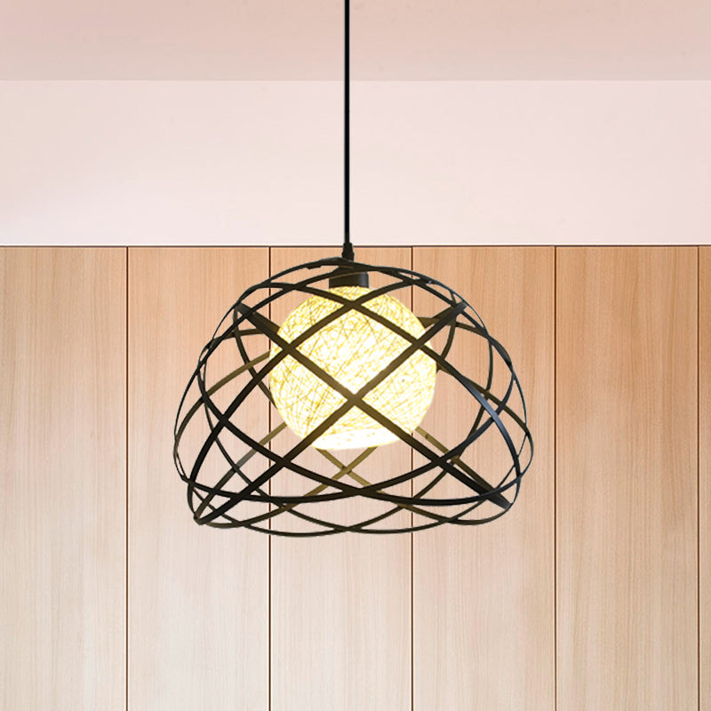 Industrial Metal Wire Cage Pendant Light with Dome Shade - Black