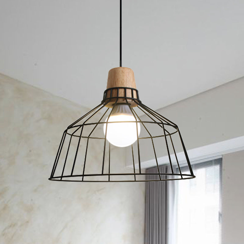 Industrial Metal Wire Cage Pendant Light With Bottle/Barn Shade Black / Barn