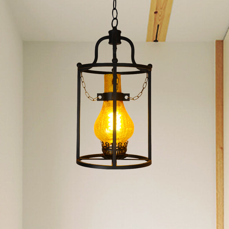Vintage Black Crackle Glass Lantern Pendant Light for Indoors - 1-Light Ceiling Lamp