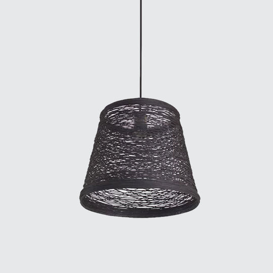 Modern Tapered Drum Rattan Pendant Lamp | Black/Red/Pink 1 Head Ceiling Hang Light For Dining Table