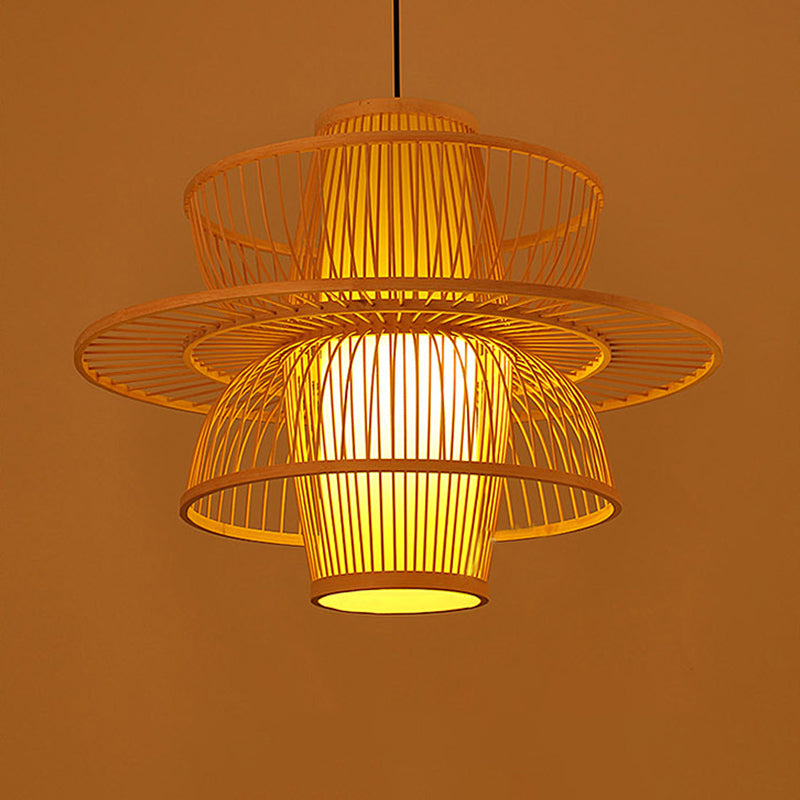 Chinese Style Bamboo Teardrop Pendant Light Kit Beige Hanging Lantern With Bubbling 3-Shades 1-Light