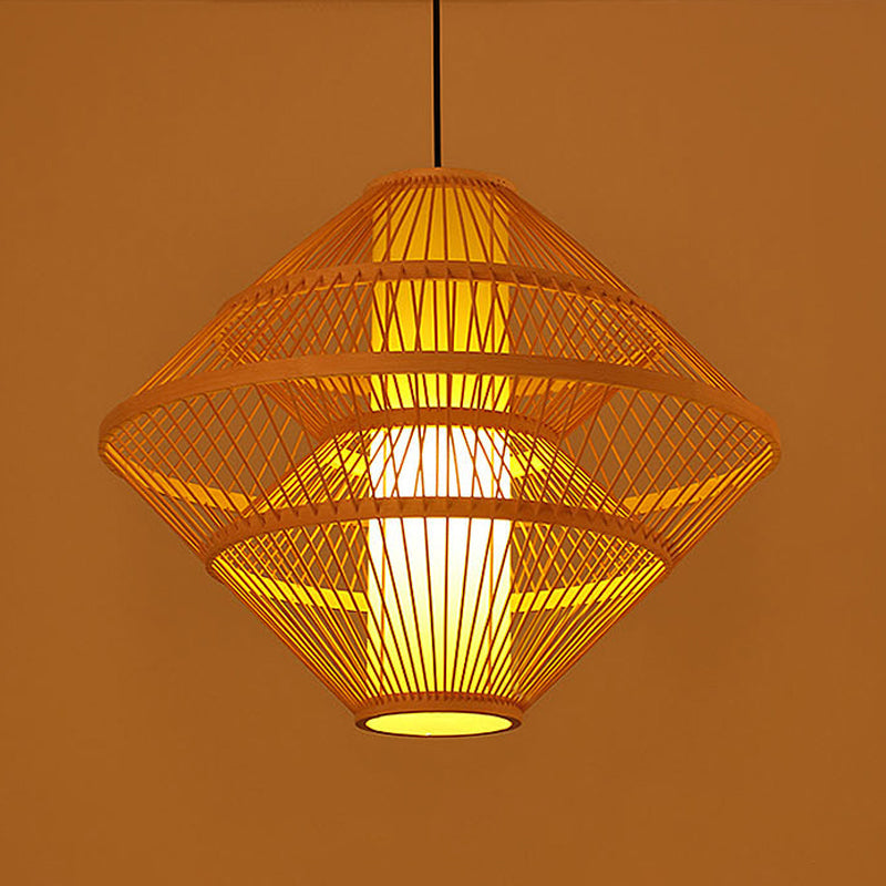 Chinese Bamboo Pendant Light Kit: Teardrop/Bubbling/3-Shade 1-Light Beige Lantern