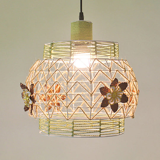 Hollowed White House/Dome/Bell Pendant Lamp - Coastal 1-Light Rattan Fixture For Dining Room