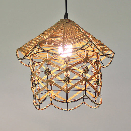 Hollowed White House/Dome/Bell Pendant Lamp - Coastal 1-Light Rattan Fixture For Dining Room