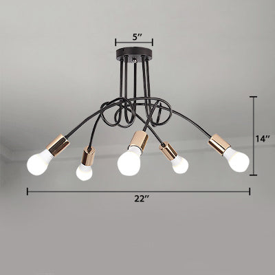 Industrial Twisted Metallic Semi-Flush Ceiling Light with Bare Bulb - Black, 3/5 Lights for Hallway Pendant