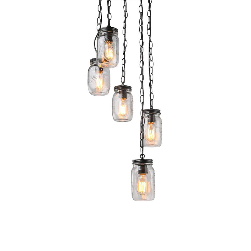 Modern Black 5-Light Cluster Pendant With Clear Glass Jar Shades - Hanging Light Fixture Cord/Chain