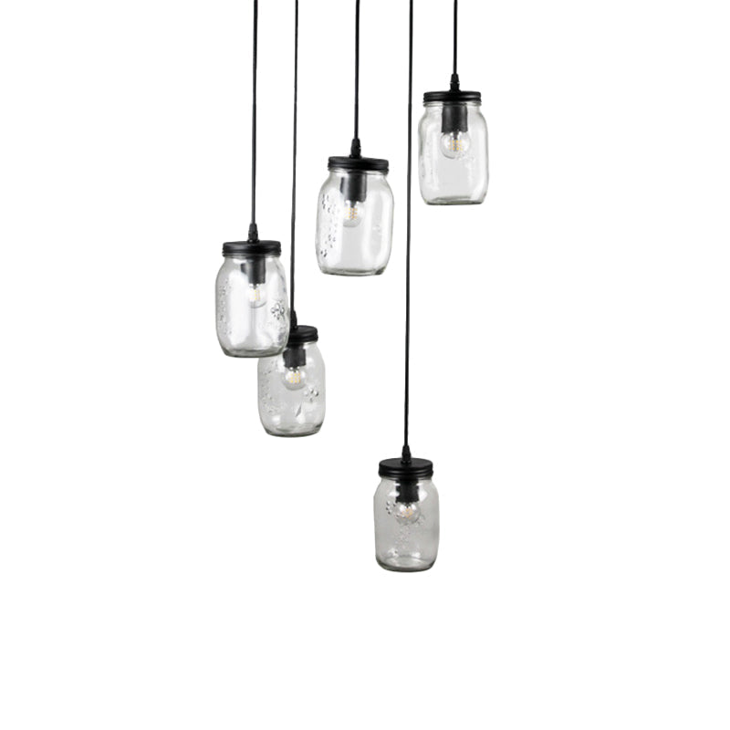 Modern Black 5-Light Cluster Pendant With Clear Glass Jar Shades - Hanging Light Fixture Cord/Chain