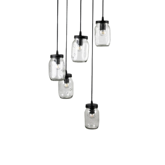 Modern Black 5-Light Cluster Pendant With Clear Glass Jar Shades - Hanging Light Fixture Cord/Chain
