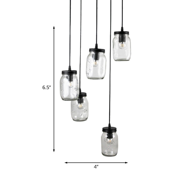 Modern Black 5-Light Cluster Pendant With Clear Glass Jar Shades - Hanging Light Fixture Cord/Chain