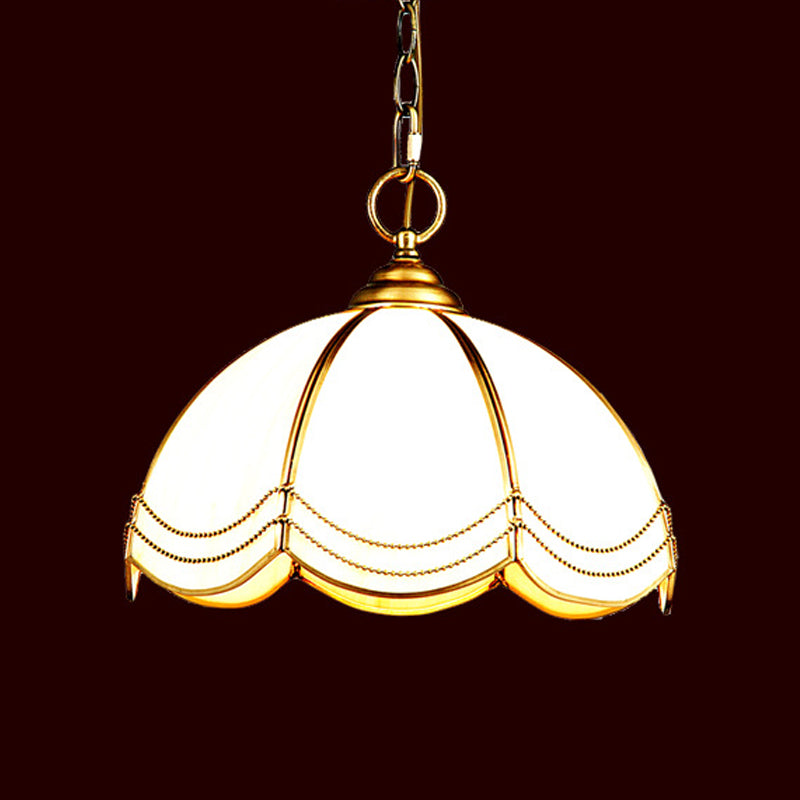 Traditional Brass Scalloped White Glass Pendant Lamp - Bedroom Ceiling Light