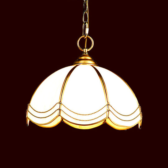 Traditional Brass Scalloped White Glass Pendant Lamp - Bedroom Ceiling Light