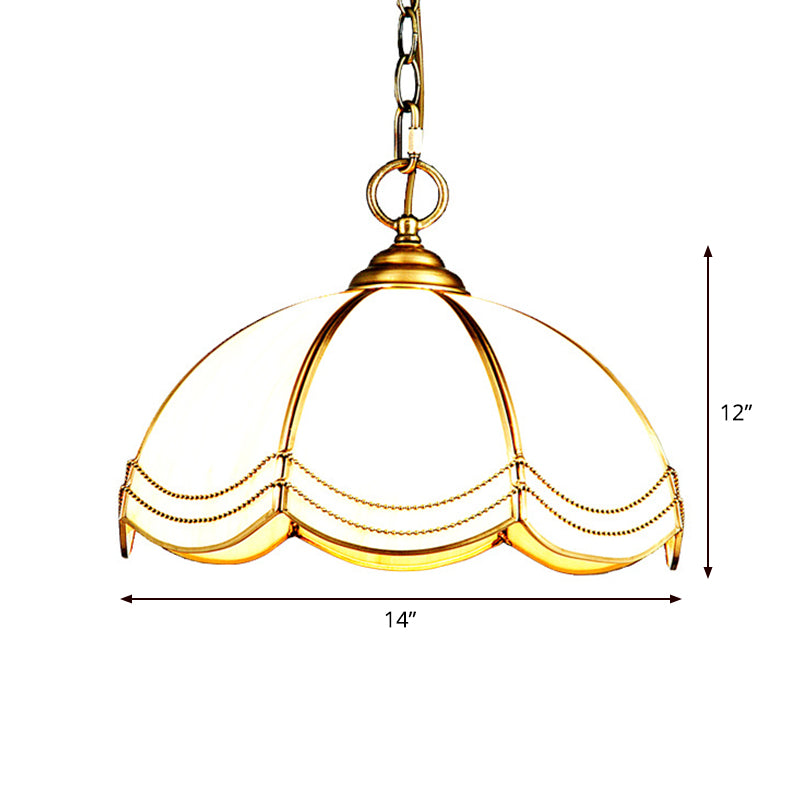 Traditional Brass Scalloped White Glass Pendant Lamp - Bedroom Ceiling Light