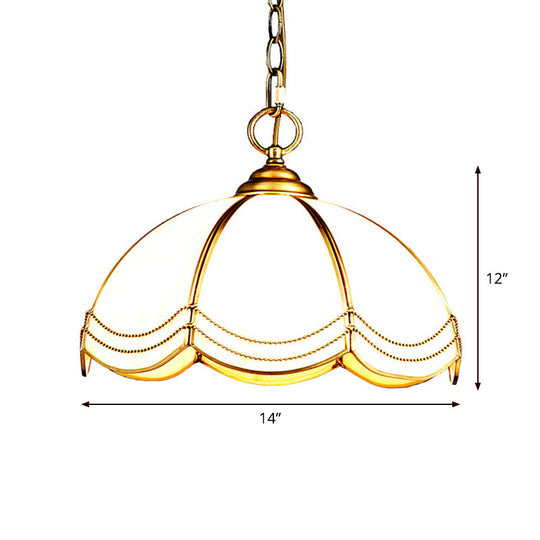 Traditional Brass Scalloped White Glass Pendant Lamp - Bedroom Ceiling Light