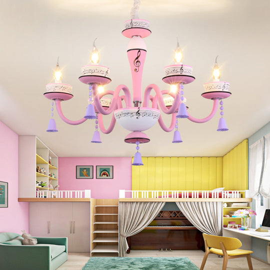 Childs Bedroom Candle Suspension Light: Musical Note Cartoon Glass Chandelier With Little Bell 6 /