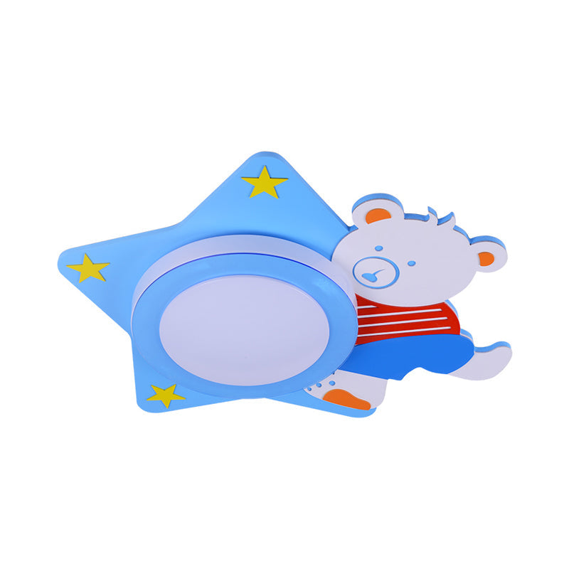 Boys Cartoon Bear Wood Animal Blue Led Ceiling Light