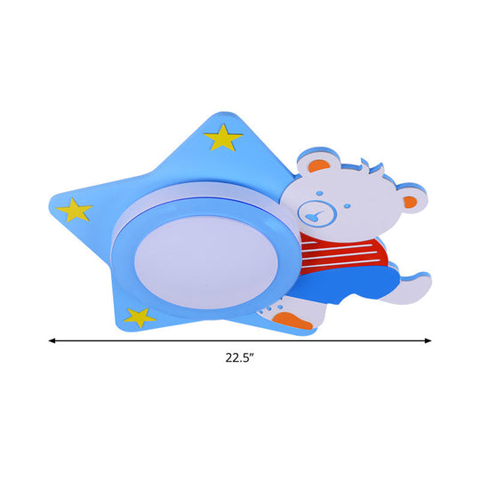 Boys' Cartoon Bear Wood Animal Blue LED Ceiling Light