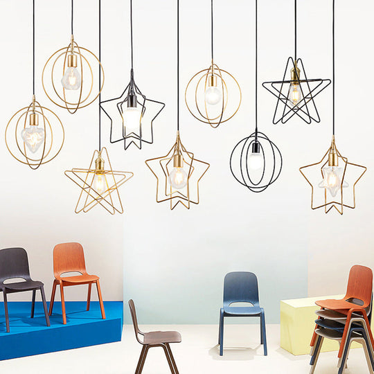 Metal Hanging Lamp: Round/Star Loft Style Ceiling Pendant Light in Black