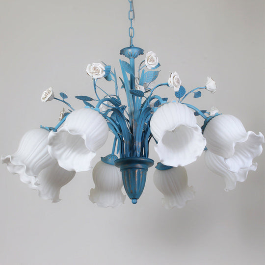 Korean Flower 5/6/8-Light Blue Glass Orchid/Magnolia Chandelier Pendant Lamp For Living Room Ceiling