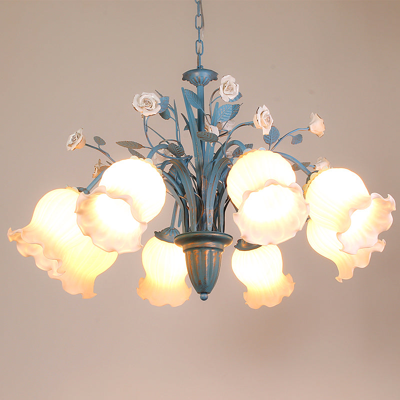 Korean Flower 5/6/8-Light Blue Glass Orchid/Magnolia Chandelier Pendant Lamp For Living Room Ceiling