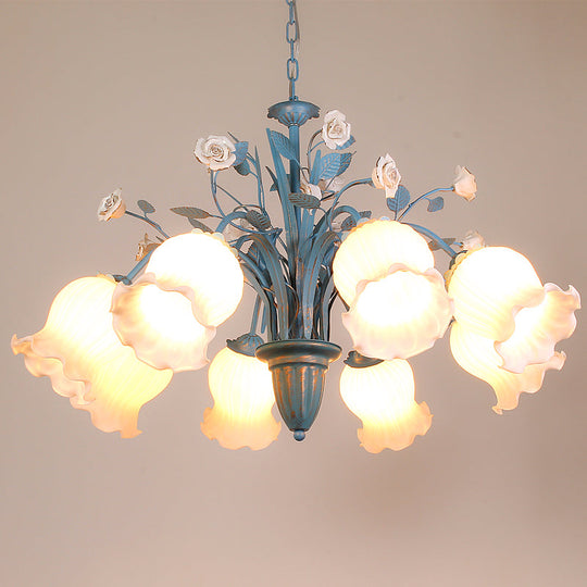 Korean Flower 5/6/8-Light Blue Glass Orchid/Magnolia Chandelier Pendant Lamp For Living Room Ceiling