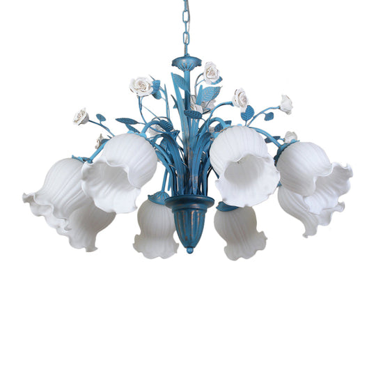 Korean Flower 5/6/8-Light Blue Glass Orchid/Magnolia Chandelier Pendant Lamp For Living Room Ceiling