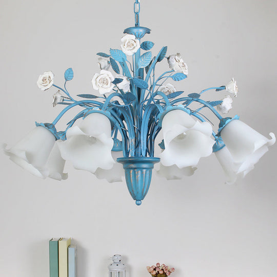 Korean Flower 5/6/8-Light Blue Glass Orchid/Magnolia Chandelier Pendant Lamp For Living Room Ceiling