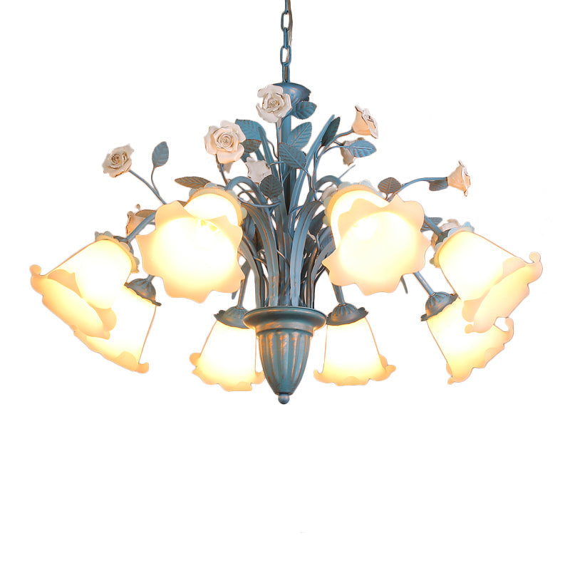 Korean Flower 5/6/8-Light Blue Glass Orchid/Magnolia Chandelier Pendant Lamp For Living Room Ceiling