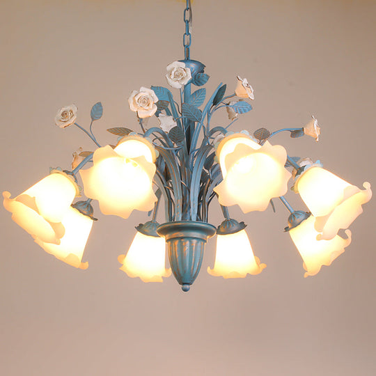 Korean Flower 5/6/8-Light Blue Glass Orchid/Magnolia Chandelier Pendant Lamp For Living Room Ceiling