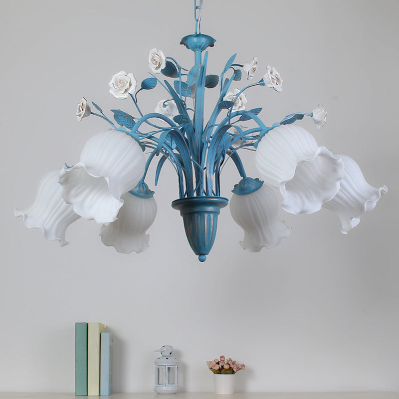 Korean Flower 5/6/8-Light Blue Glass Orchid/Magnolia Chandelier Pendant Lamp For Living Room Ceiling