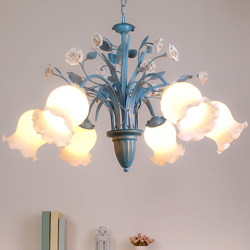 Korean Flower 5/6/8-Light Blue Glass Orchid/Magnolia Chandelier Pendant Lamp For Living Room Ceiling
