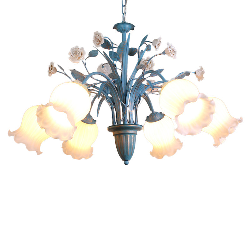 Korean Flower 5/6/8-Light Blue Glass Orchid/Magnolia Chandelier Pendant Lamp For Living Room Ceiling