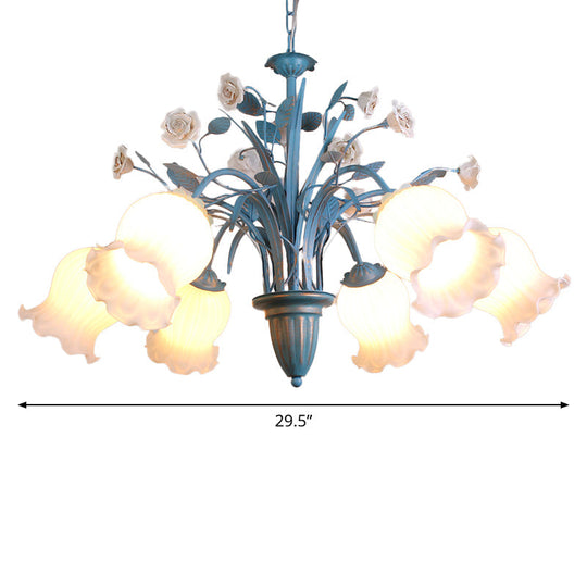 Korean Flower 5/6/8-Light Blue Glass Orchid/Magnolia Chandelier Pendant Lamp For Living Room Ceiling