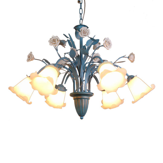 Korean Flower 5/6/8-Light Blue Glass Orchid/Magnolia Chandelier Pendant Lamp For Living Room Ceiling