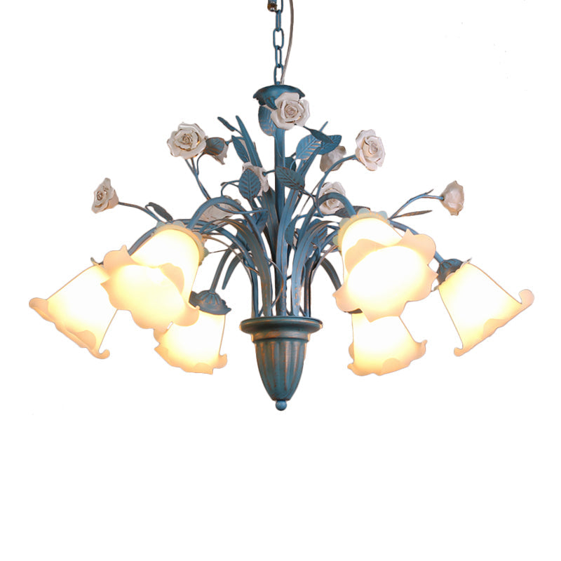 Korean Flower 5/6/8-Light Blue Glass Orchid/Magnolia Chandelier Pendant Lamp For Living Room Ceiling
