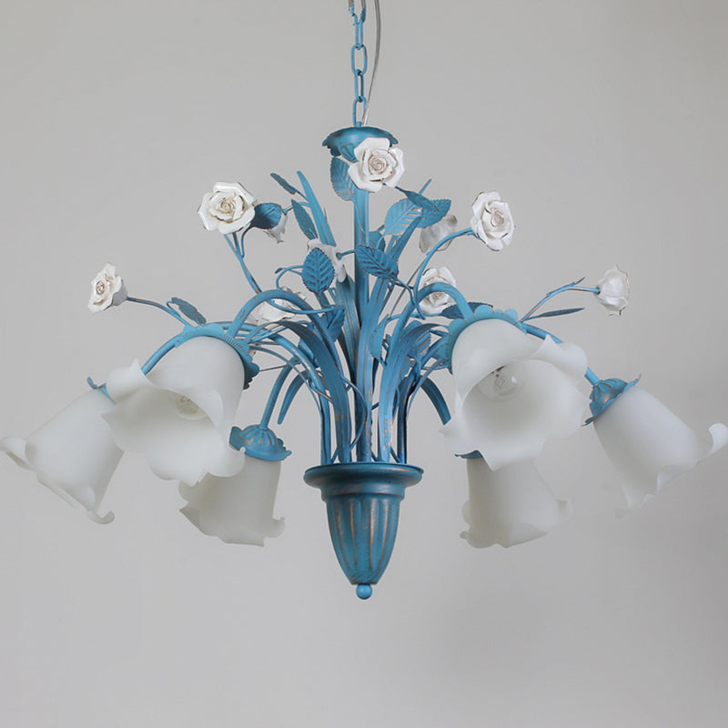 Korean Flower 5/6/8-Light Blue Glass Orchid/Magnolia Chandelier Pendant Lamp For Living Room Ceiling