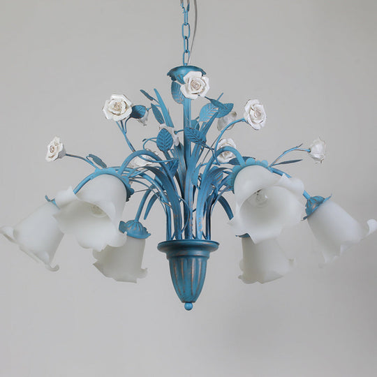 Korean Flower 5/6/8-Light Blue Glass Orchid/Magnolia Chandelier Pendant Lamp For Living Room Ceiling