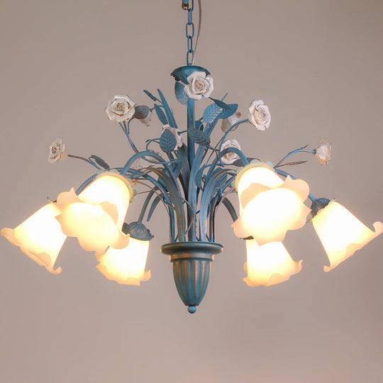 Korean Flower 5/6/8-Light Blue Glass Orchid/Magnolia Chandelier Pendant Lamp For Living Room Ceiling