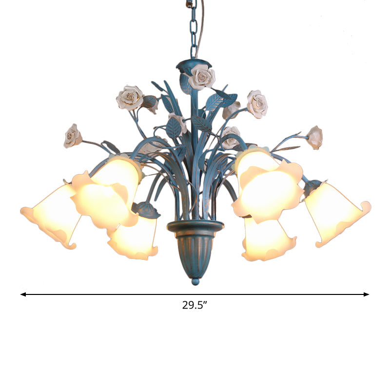 Korean Flower 5/6/8-Light Blue Glass Orchid/Magnolia Chandelier Pendant Lamp For Living Room Ceiling