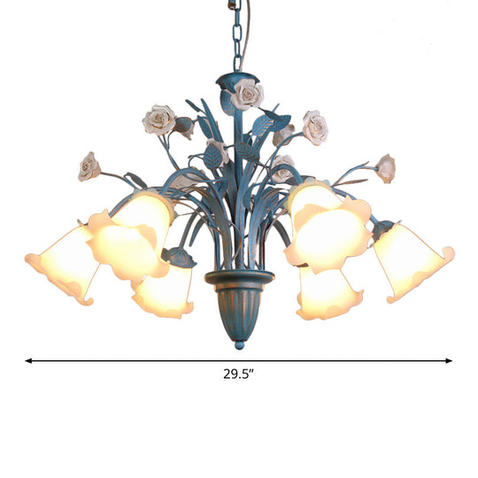 Korean Flower 5/6/8-Light Blue Glass Orchid/Magnolia Chandelier Pendant Lamp For Living Room Ceiling