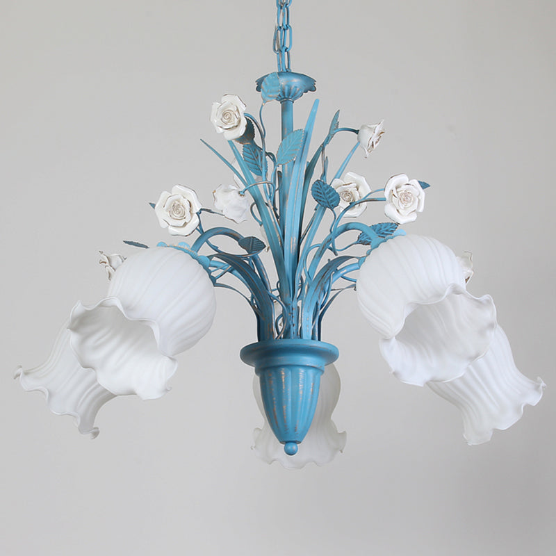 Korean Flower 5/6/8-Light Blue Glass Orchid/Magnolia Chandelier Pendant Lamp For Living Room Ceiling