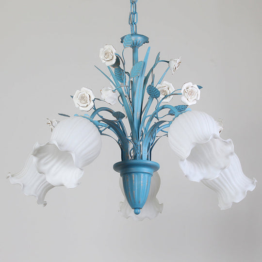Korean Flower 5/6/8-Light Blue Glass Orchid/Magnolia Chandelier Pendant Lamp For Living Room Ceiling