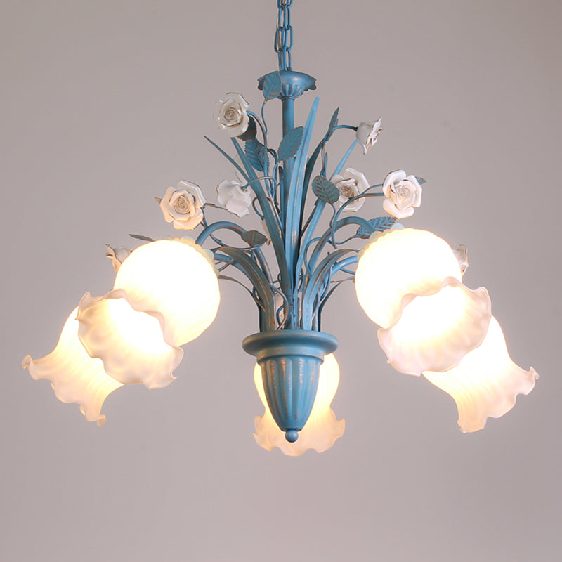 Korean Flower 5/6/8-Light Blue Glass Orchid/Magnolia Chandelier Pendant Lamp For Living Room Ceiling
