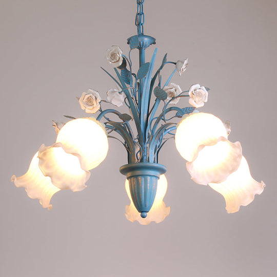 Korean Flower 5/6/8-Light Blue Glass Orchid/Magnolia Chandelier Pendant Lamp For Living Room Ceiling