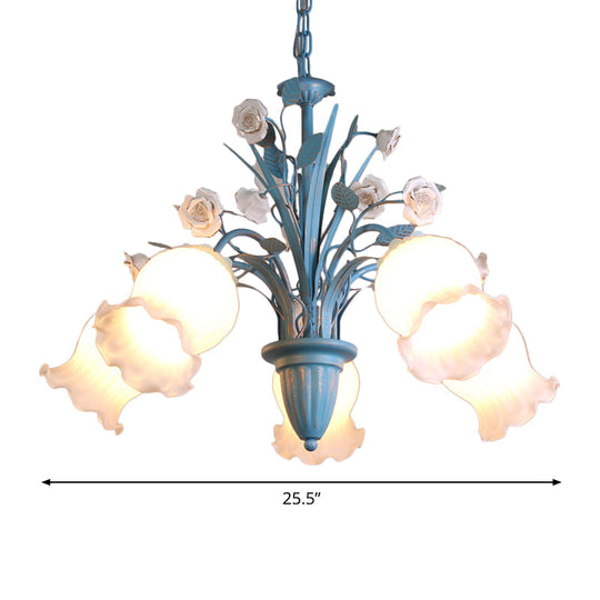 Korean Flower 5/6/8-Light Blue Glass Orchid/Magnolia Chandelier Pendant Lamp For Living Room Ceiling